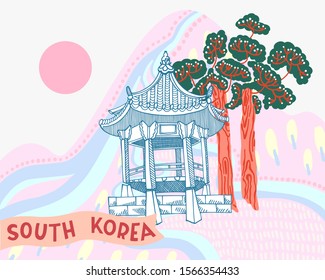 doodle flat vector illustration of korean landscape with building, trees, mountain, pink sun and hand lettering inscription - South Korea