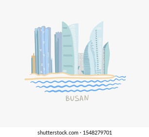 doodle flat vector illustration of modern buildings skyscrapers on Busan embankment, South Korea