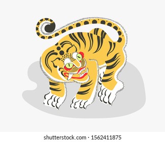 ilustración portadora plana de doodle de pintura coreana tradicional de tigre decorativo, estilo nacional de Corea del Sur