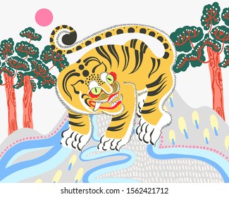 doodle flat vector illustration of traditional Korean painting of decorative tiger with trees and sun, South Korea national style