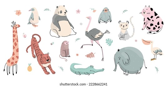 Doodle flat wild animals. Tiger sloth monkey and penguin. Isolated zoo animal, cartoon crocodile and giraffe. Nowaday vector childish tropical characters