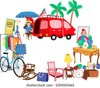 Doodle flea market wih lady selling second hand stuffs, all in circle design,  flat cartoon design, illustration, vector