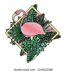 doodle flemish bird with exotic plants leaves