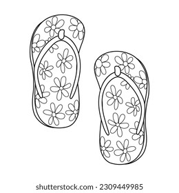 Doodle flip flop shoes in outline with flower pattern. Pair of slippers coloring page. Hand drawn shoes logo. Vector illustration