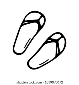 Icono de dobleces de garrapatas. Las zapatillas de playa dibujadas a mano. Calzado de verano. Doodles de verano y vacaciones. Contornos negros aislados en un fondo blanco. Ilustración de material vectorial simple estilizada.