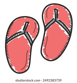 Doodle flip flops icon vector isolated. Hand-drawn illustration of beach slippers. Concept of summer and vacation. Seasonal footwear. Design element.