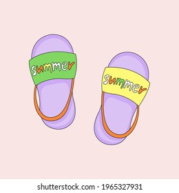 Doodle flip flops isolated illustration. Female cute flip flops vector icon. Cartoon pair of purple flip flops in summer style on a peach pink background. 