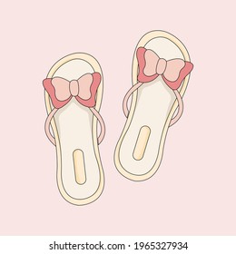 Doodle flip flops isolated illustration. Female cute flip flops vector icon. Cartoon flip flops with pink bows on a peach background. 