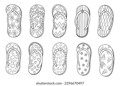 Doodle flip flops set in black and white for coloring page. Summer slippers outline collection. Vector illustration