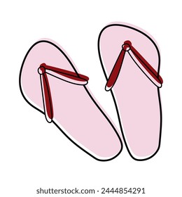 Doodle Flipflops icon with Color shapes. Isolated Vector Outline Illustration, Linear sticker. Beach Slippers or Sandals isolated on White. Hand drawn Summer Beach boots, Vacation concept, Sand.