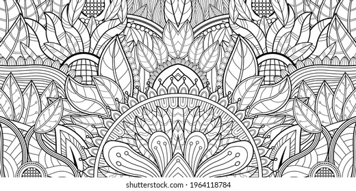 Doodle Flora coloring page vector. Page for coloring book. Flower carpet in magic garden