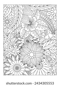 Doodle floral art. Black and white doodle. Page for coloring. Doodle beautiful flowers art for adult coloring book.