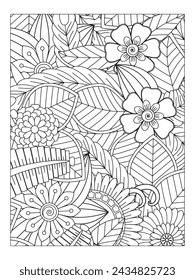 Doodle floral art. Black and white doodle. Page for coloring. Doodle beautiful flowers art for adult coloring book.