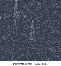 Doodle floral background. Seamless pattern with flowers and leaves. Vintage ornament.
