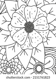 Doodle floral en blanco y negro. Una página para el libro de colorear: trabajo muy interesante y relajante para niños y adultos. Dibujo de Zentangle. Moqueta de flores en un jardín mágico