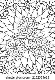 Doodle floral en blanco y negro. Una página para el libro de colorear: trabajo muy interesante y relajante para niños y adultos. Dibujo de Zentangle. Moqueta de flores en un jardín mágico