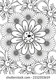 Doodle floral in black and white. A page for coloring book: very interesting and relaxing job for children and adults. Zentangle drawing. Flower carpet in a magic garden