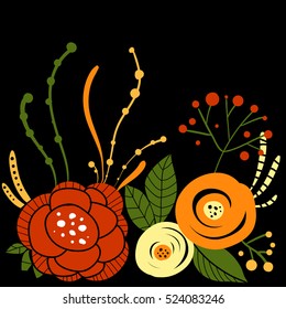 Doodle floral card. Vector background frame with flowers and leaves on black. Design template for greeting cards, wedding invitations