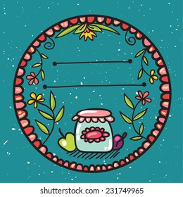 Doodle floral circle with jar of jam.
