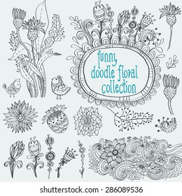 Doodle floral collection with flowers and birds. Beautiful elements and floral ornament for design of cards, notebook covers, children design and other
