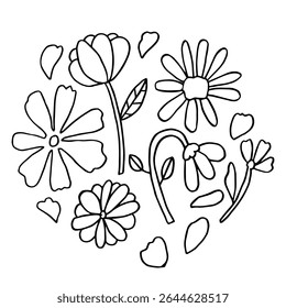 Composición floral Doodle. Concepto de Ilustración vectorial de flores dibujadas a mano. Arte de Clip natural. colección de boceto de tinta en estilo simple.