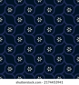 Doodle floral decorative pattern seamless background cute small white flowers motif geometric ornament. Modern marine blue fabric design textile swatch ladies dress, man shirt all over print block. svg