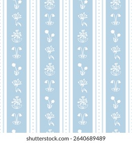 Doodle floral delicate print. Primitive minimalist vector seamless pattern. Delicate flowers and blue stripes.