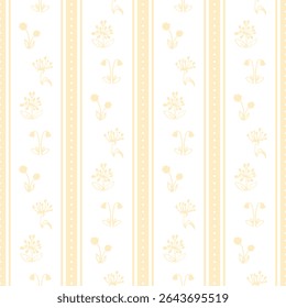 Doodle floral delicate print. Primitive minimalist vector seamless pattern. Delicate flowers and yellow stripes.