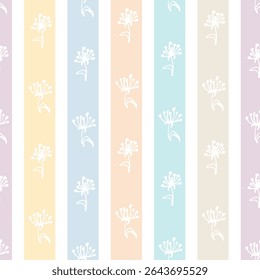 Doodle floral delicate print. Primitive minimalist vector seamless pattern. Delicate flowers and bright stripes.