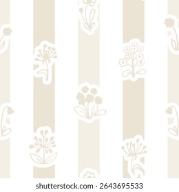 Doodle floral delicate print. Primitive minimalist vector seamless pattern. Delicate flowers and beige stripes.