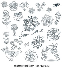 Doodle floral design elements, coloring pages, doodle flowers