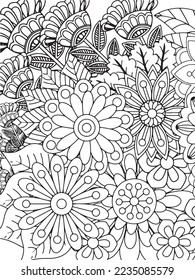 Doodle floral drawing. Art therapy coloring page.A coloring page of monochrome flowers for an adult coloring book.Black and white flower pattern for adult coloring book. Doodle floral drawing. Art the