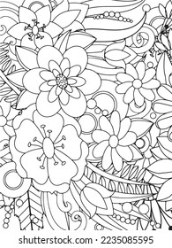 Doodle floral drawing. Art therapy coloring page.A coloring page of monochrome flowers for an adult coloring book.Black and white flower pattern for adult coloring book. Doodle floral drawing. Art the