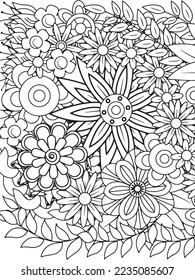 Doodle floral drawing. Art therapy coloring page.A coloring page of monochrome flowers for an adult coloring book.Black and white flower pattern for adult coloring book. Doodle floral drawing. Art the