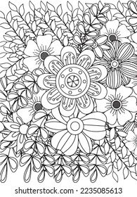 Doodle floral drawing. Art therapy coloring page.A coloring page of monochrome flowers for an adult coloring book.Black and white flower pattern for adult coloring book. Doodle floral drawing. Art the