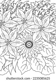 Doodle floral drawing. Art therapy coloring page.A coloring page of monochrome flowers for an adult coloring book.Black and white flower pattern for adult coloring book. Doodle floral drawing. Art the