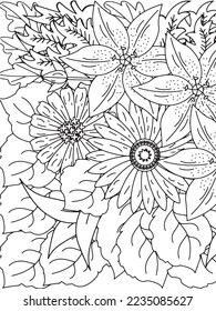 Doodle floral drawing. Art therapy coloring page.A coloring page of monochrome flowers for an adult coloring book.Black and white flower pattern for adult coloring book. Doodle floral drawing. Art the