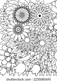 Doodle floral drawing. Art therapy coloring page.A coloring page of monochrome flowers for an adult coloring book.Black and white flower pattern for adult coloring book. Doodle floral drawing. Art the
