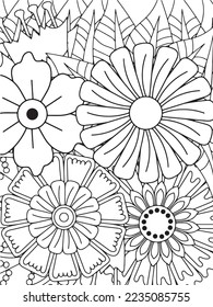 Doodle floral drawing. Art therapy coloring page.A coloring page of monochrome flowers for an adult coloring book.Black and white flower pattern for adult coloring book. Doodle floral drawing. Art the