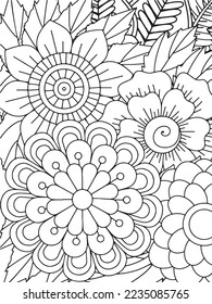 Doodle floral drawing. Art therapy coloring page.A coloring page of monochrome flowers for an adult coloring book.Black and white flower pattern for adult coloring book. Doodle floral drawing. Art the
