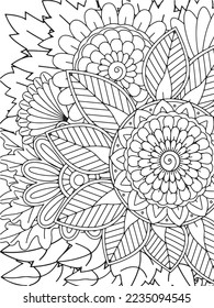 Doodle floral drawing. Art therapy coloring page.A coloring page of monochrome flowers for an adult coloring book.Black and white flower pattern for adult coloring book. Doodle floral drawing. Art the