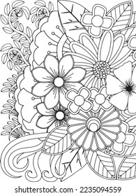 Doodle floral drawing. Art therapy coloring page.A coloring page of monochrome flowers for an adult coloring book.Black and white flower pattern for adult coloring book. Doodle floral drawing. Art the
