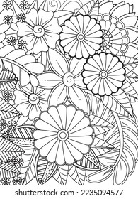 Doodle floral drawing. Art therapy coloring page.A coloring page of monochrome flowers for an adult coloring book.Black and white flower pattern for adult coloring book. Doodle floral drawing. Art the