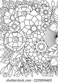 Doodle floral drawing. Art therapy coloring page.A coloring page of monochrome flowers for an adult coloring book.Black and white flower pattern for adult coloring book. Doodle floral drawing. Art the