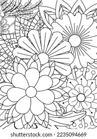 Doodle floral drawing. Art therapy coloring page.A coloring page of monochrome flowers for an adult coloring book.Black and white flower pattern for adult coloring book. Doodle floral drawing. Art the