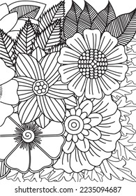 Doodle floral drawing. Art therapy coloring page.A coloring page of monochrome flowers for an adult coloring book.Black and white flower pattern for adult coloring book. Doodle floral drawing. Art the