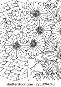 Doodle floral drawing. Art therapy coloring page.A coloring page of monochrome flowers for an adult coloring book.Black and white flower pattern for adult coloring book. Doodle floral drawing. Art the