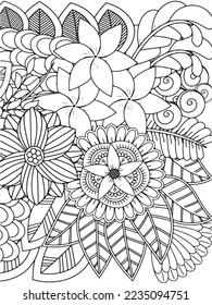 Doodle floral drawing. Art therapy coloring page.A coloring page of monochrome flowers for an adult coloring book.Black and white flower pattern for adult coloring book. Doodle floral drawing. Art the