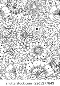 Doodle floral drawing. Art therapy coloring page. Vector black and white coloring page for coloring book. Leaves and flowers in monochrome colors. Doodles pattern. seamless ornament print. 
