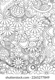 Doodle floral drawing. Art therapy coloring page. Vector black and white coloring page for coloring book. Leaves and flowers in monochrome colors. Doodles pattern. seamless ornament print. 
